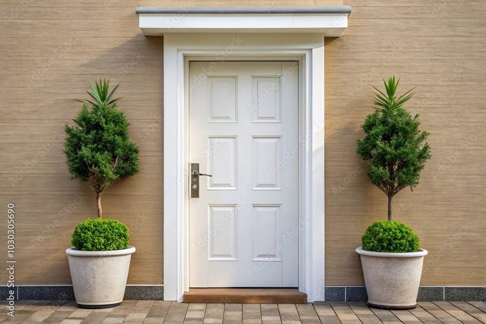 White front door of a house adorned with a potted plant White front door of a house adorned with a potted plant