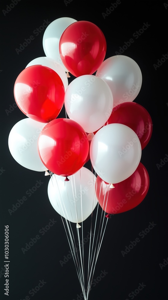 A big bunch of red and white balloons on a black background, Festive party atmosphere. Celebrations A big bunch of red and white balloons on a black background, Festive party atmosphere. Celebrations