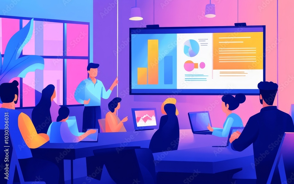 A team meeting with a presentation on a screen showcasing data and graphs. A team meeting with a presentation on a screen showcasing data and graphs.
