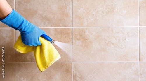 A cleaner wiping down the bathroom tiles and scrubbing the shower area, using specialized cleaning products to remove soap scum and leave the space spotless.