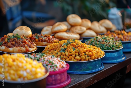 indian street food fiesta, tasty indian street food feast with pav bhaji, pani puri, dahi puri, and bhel puri served on vibrant disposable plates photo