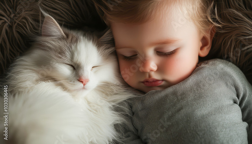 A close-up of a baby lying on their stomach on a fur bed, with the cat curled up beside them, both enjoying the comfort of the warm bedroom.