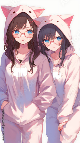 two Anime Girls wearing onesie costumes