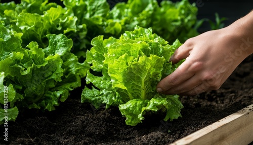 A farmer harvesting fresh lettuce from a garden bed, pulling the green leaves from the soil with care, with the well-maintained garden stretching behind them. photo