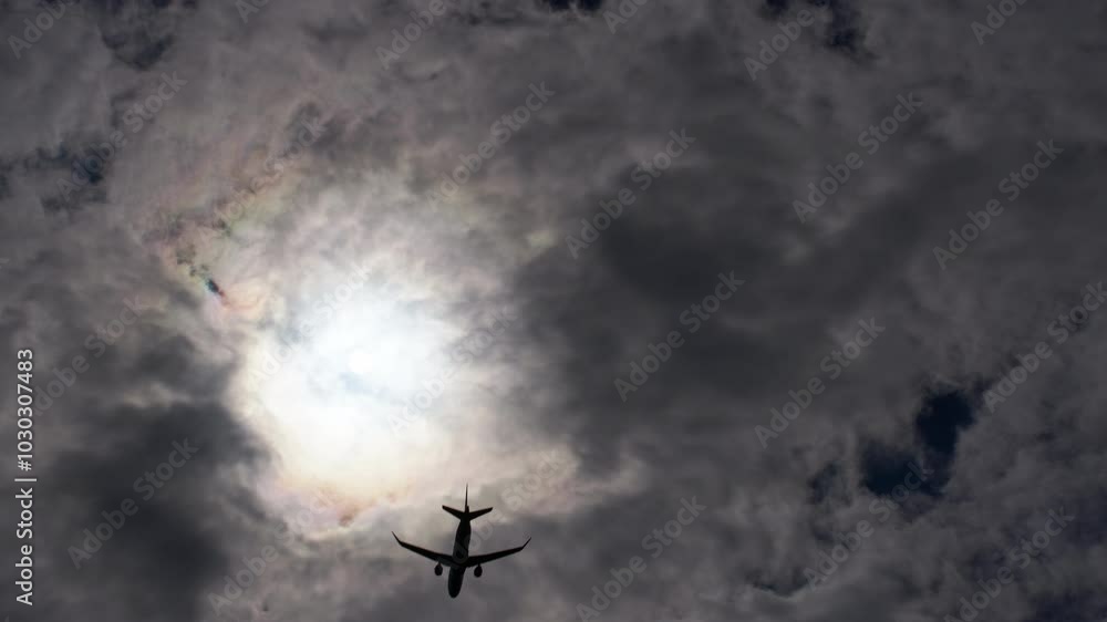 Airplane soars through a cloudy sky, with bright sunlight shining behind the clouds, creating a dramatic atmosphere Airplane soars through a cloudy sky, with bright sunlight shining behind the clouds, creating a dramatic atmosphere