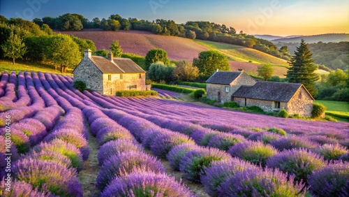 A Pastoral Landscape With Lavender Fields, Stone Houses, and a Distant Hillside Under a Golden Sky