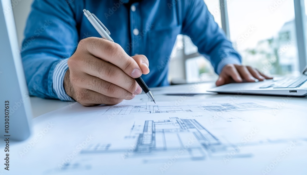 A focused architect working on a computer, using 3D modeling software to create a digital rendering of a building, with blueprints and sketches surrounding the workspace. A focused architect working on a computer, using 3D modeling software to create a digital rendering of a building, with blueprints and sketches surrounding the workspace.