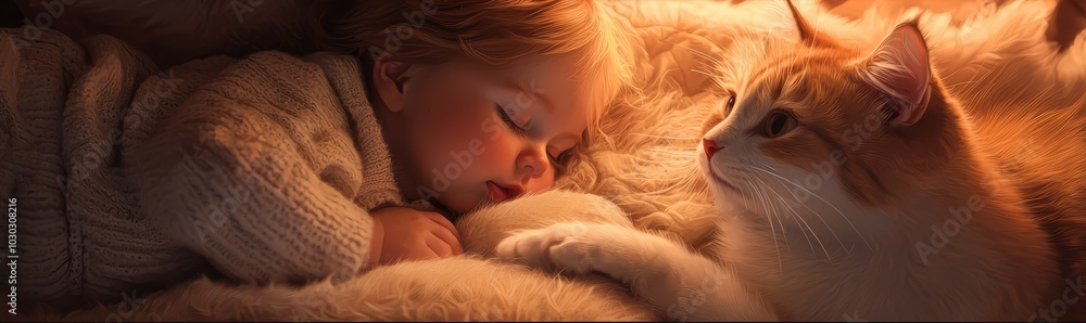 A joyful baby lying on a fur bed, playing with the cat's tail as the cat lounges beside them, both bathed in the warm glow of the bedroom lighting. A joyful baby lying on a fur bed, playing with the cat's tail as the cat lounges beside them, both bathed in the warm glow of the bedroom lighting.