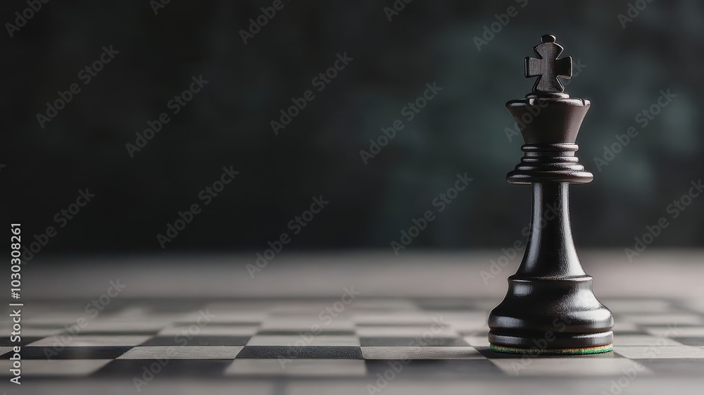 Black chess king piece on a checkerboard with blurred background. Black chess king piece on a checkerboard with blurred background.