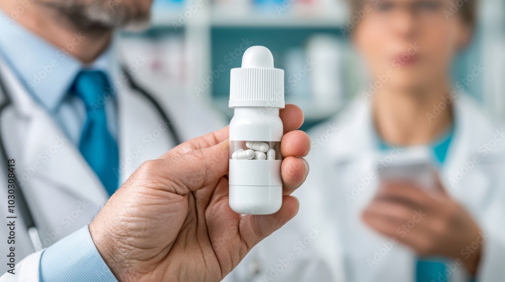 A pharmacist explaining how to use an inhaler to a patient, holding the medication while giving professional advice on its proper usage. A pharmacist explaining how to use an inhaler to a patient, holding the medication while giving professional advice on its proper usage.