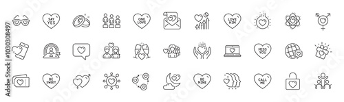 Be mine, Friends couple and Heart line icons. Pack of Friends community, Male female, Inclusion icon. Web love, Hold heart, Love night pictogram. Say yes, Lgbt, Equality. Atom. Line icons. Vector