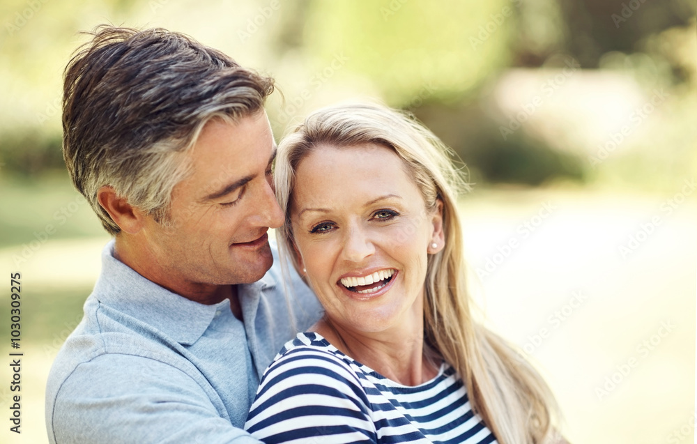 Happy, hug and portrait of mature couple in nature at park for bonding, marriage and connection in morning. Outdoor, smile and man and woman embracing in garden for romance on date with love together Happy, hug and portrait of mature couple in nature at park for bonding, marriage and connection in morning. Outdoor, smile and man and woman embracing in garden for romance on date with love together