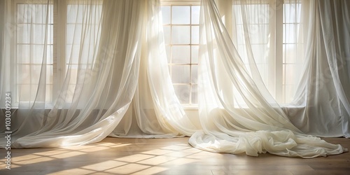 Sunlight streams through sheer curtains, creating a soft and ethereal ambiance in a room with wooden flooring.