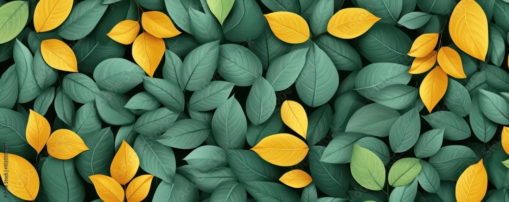 Close up of lush green leaves with scattered yellow leaves Close up of lush green leaves with scattered yellow leaves