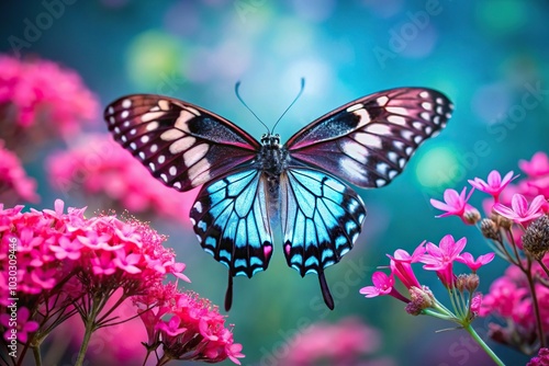 Vivid butterfly on flowers with turquoise background