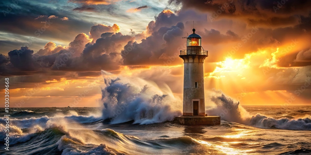 A lone lighthouse stands steadfast against a tumultuous sea, its beacon shining brightly through a dramatic sunset sky A lone lighthouse stands steadfast against a tumultuous sea, its beacon shining brightly through a dramatic sunset sky