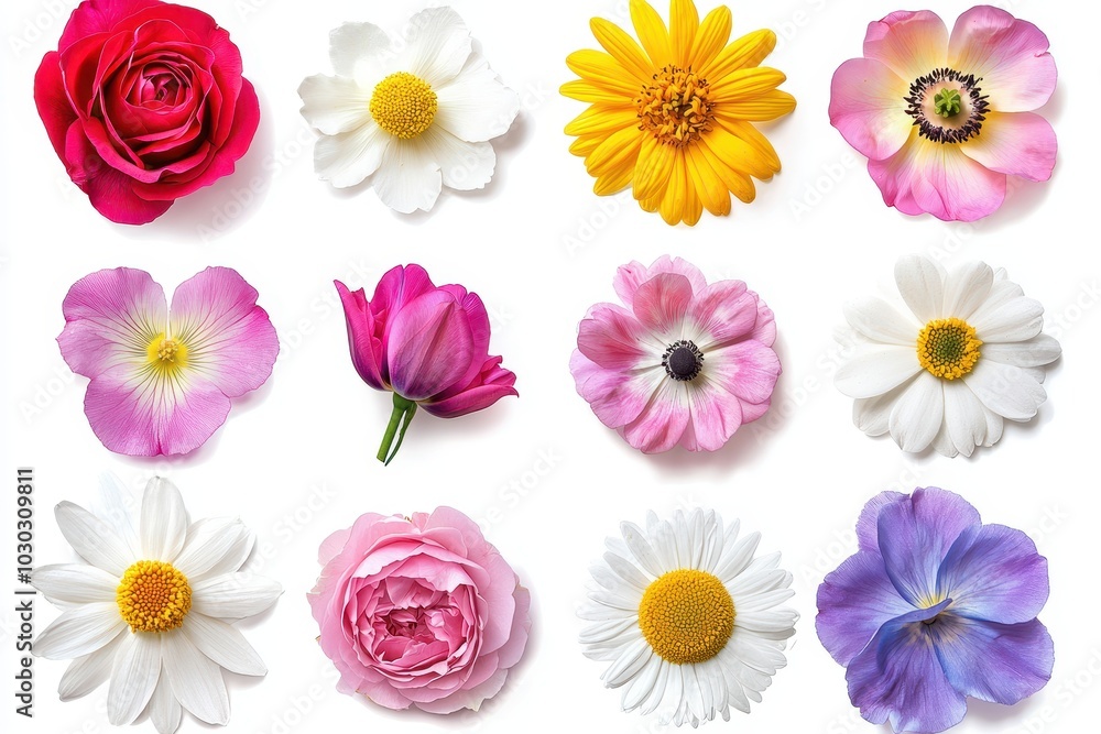 A set of colorful blooming flowers isolated against white background, including various species like roses, daisies, and tulips. Ideal for themes of nature, beauty, and floral design. A set of colorful blooming flowers isolated against white background, including various species like roses, daisies, and tulips. Ideal for themes of nature, beauty, and floral design.