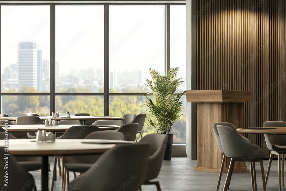 Modern conference room with window view and a setup for a meeting, featuring a wooden podium and round tables Modern conference room with window view and a setup for a meeting, featuring a wooden podium and round tables