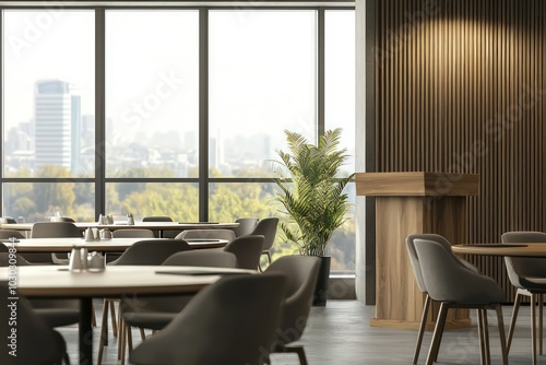 Modern conference room with window view and a setup for a meeting  featuring a wooden podium and round tables