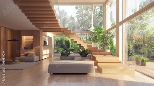 Modern home interior showcasing elegant natural ash wooden stairs.