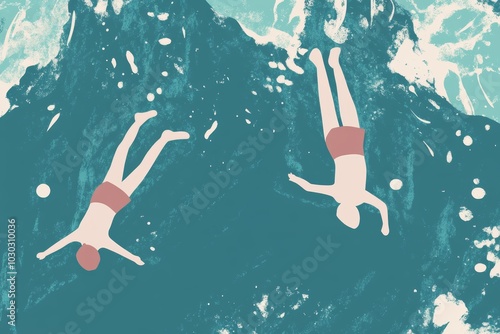 Top view of two lifeless human bodies floating on the surface of the water, art illustration of drowned persons photo