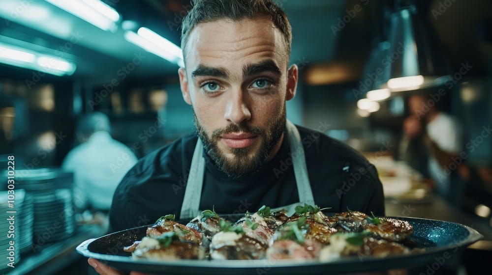 A waiter skillfully carrying a large tray filled with dishes, confidently navigating a busy restaurant while maintaining eye contact with customers. A waiter skillfully carrying a large tray filled with dishes, confidently navigating a busy restaurant while maintaining eye contact with customers.