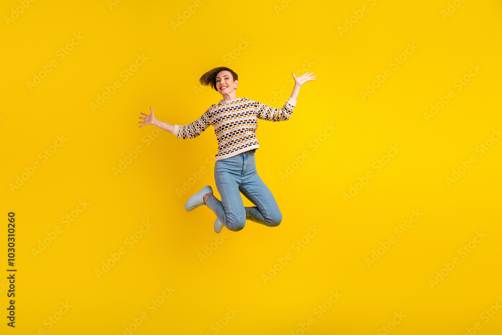 Full body photo of young girl jumping dressed stylish outfit isolated on purple color background Full body photo of young girl jumping dressed stylish outfit isolated on purple color background