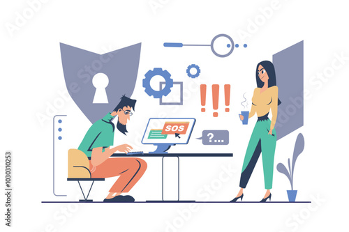 Cyber security concept in modern flat cartoon design for web. Man and woman working in team, protecting clients personal information and shield privacy network with online secure. Vector illustration.