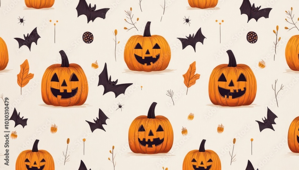 Cute Halloween seamless pattern with pumpkins, bats, and fall leaves. Cute Halloween seamless pattern with pumpkins, bats, and fall leaves.