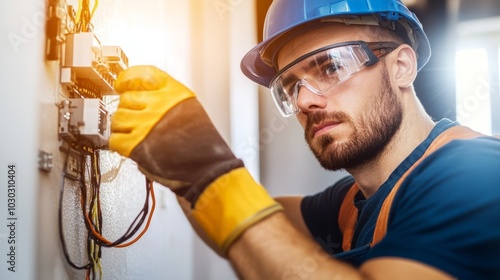 An electrician working on an industrial electrical panel, wearing gloves and safety glasses, adjusting wiring with a confident and professional approach.