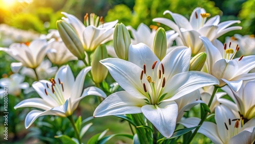 White lilies growing and flowering in garden