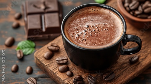 A close-up of a cup of hot chocolate with a bar of dark chocolate and coffee beans on a wooden board.