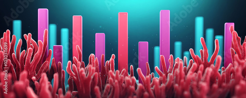 Underwater scene with coral shaped like 3D bar charts, surrounded by statistical reports, data, 3D illustration photo