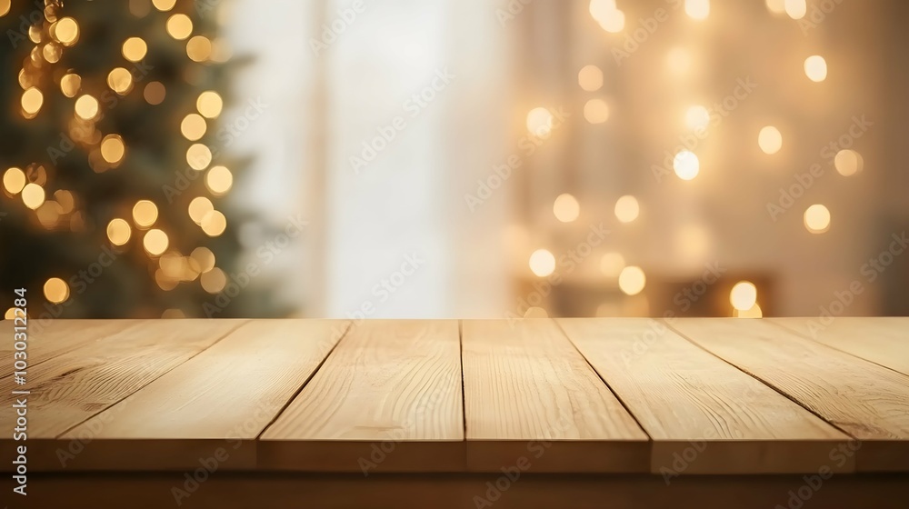 Empty wood table top with abstract warm living room decor with christmas tree blur background with bokeh light,Holiday backdrop,Mock up banner for display of advertise product ,luxury house Empty wood table top with abstract warm living room decor with christmas tree blur background with bokeh light,Holiday backdrop,Mock up banner for display of advertise product ,luxury house