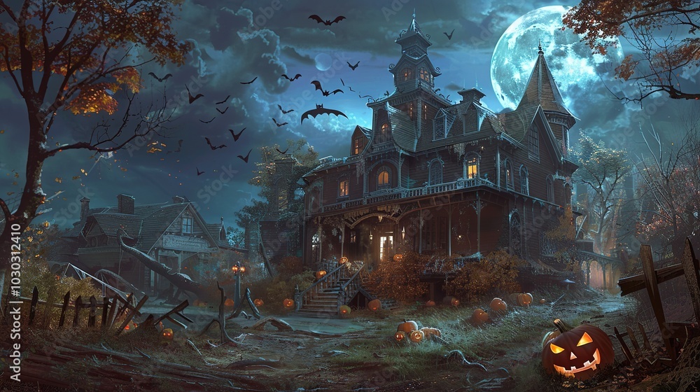 Spooky Halloween Mansion Wallpaper with Bats, Pumpkins, and Full Moon for a Haunted Atmosphere Spooky Halloween Mansion Wallpaper with Bats, Pumpkins, and Full Moon for a Haunted Atmosphere