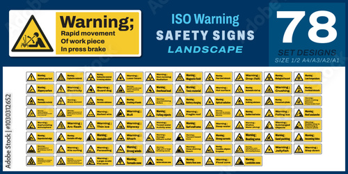 78 set ISO warning safety signs v32_rapid movement of workpiece in press brake_landscape size 1/2 a4,a3,a2,a1	
