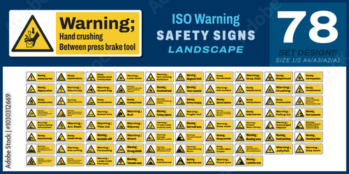 78 set ISO warning safety signs v30_hand crushing between press brake tool_landscape size 1/2 a4,a3,a2,a1	
