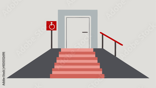 Wheelchair Ramp A clear illustration of a wheelchair ramp leading up to a building entrance marked with universal accessibility symbols.