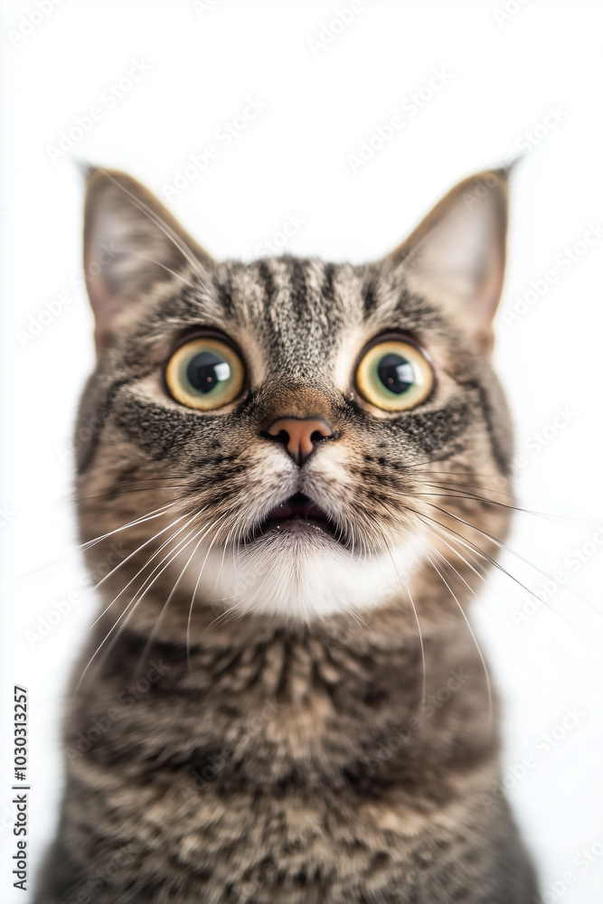 Front-view portrait of a surprised cat, isolated on a white background. Front-view portrait of a surprised cat, isolated on a white background.