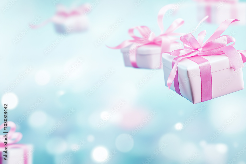 Fototapeta premium Gifts and presents flying with ribbons beside them and copy space. Bright, festive light. Blurred bokeh background of more gifts. 