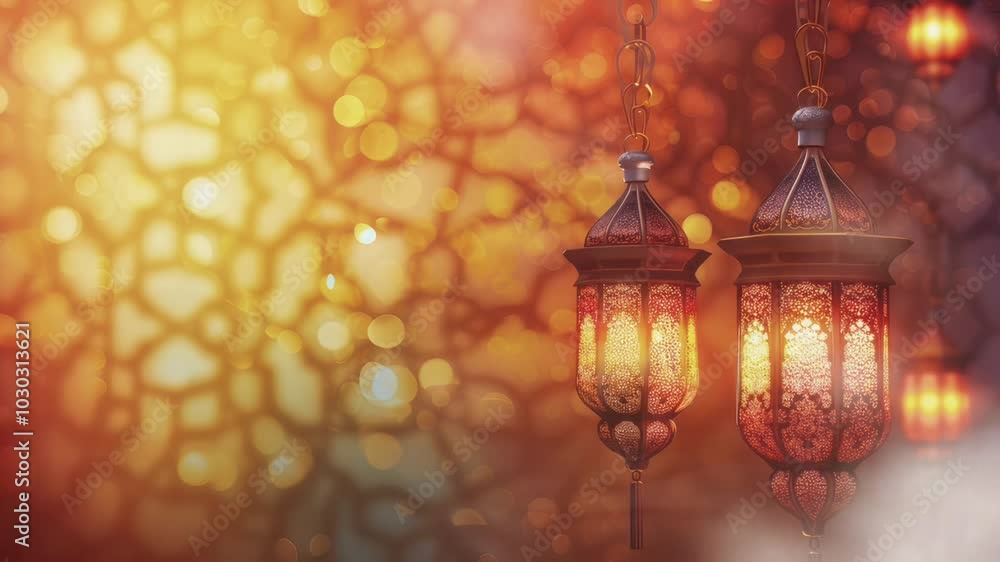 Ornate Lanterns Glowing with Warm Light against a Bokeh Background Ornate Lanterns Glowing with Warm Light against a Bokeh Background