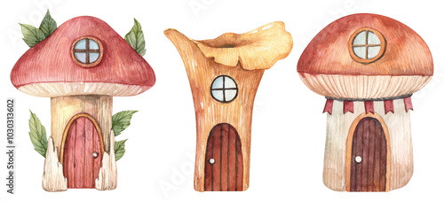 Cute cozy mushroom houses illustration. Watercolor hand painted three mushrooms with wooden doors and round windows. Cartoon drawing for children design