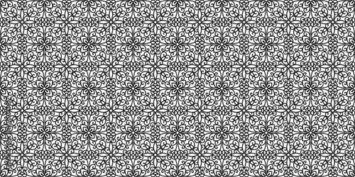 Black and white background with repeating openwork ornament of curls and petals. Endless texture with elegant lace lattice. Vector seamless pattern for print, surface texture, laser or plotter cutting