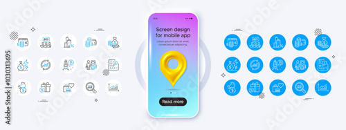 Phone mockup with 3d map pin icon. Online auction, Graph and Mortgage line icons. Pack of Electricity price, Card, Wallet money icon. Bitcoin project, Update data, Data analysis pictogram. Vector