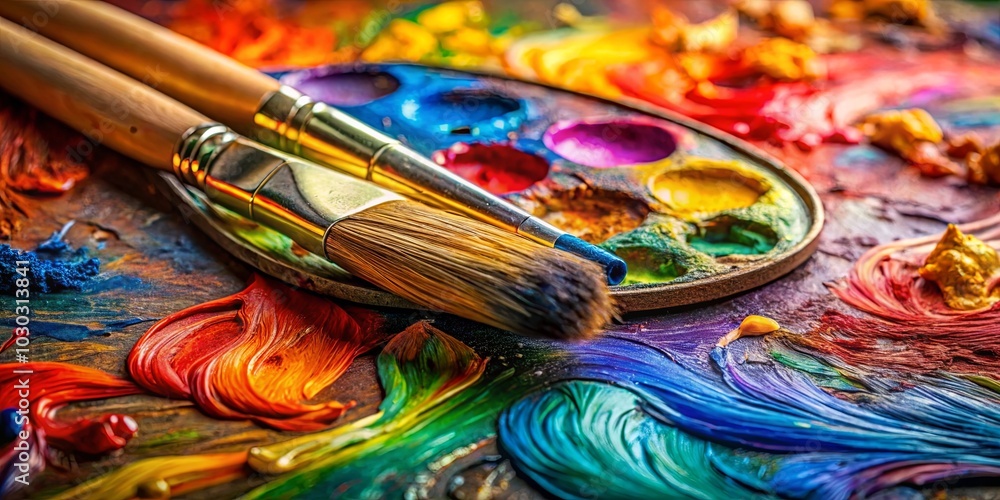 A vibrant palette of colors with two paintbrushes lying on top, ready for artistic expression. A vibrant palette of colors with two paintbrushes lying on top, ready for artistic expression.
