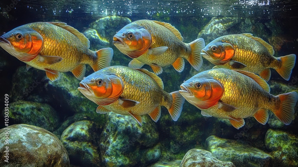 A group of fish swimming underwater among rocks and plants. A group of fish swimming underwater among rocks and plants.