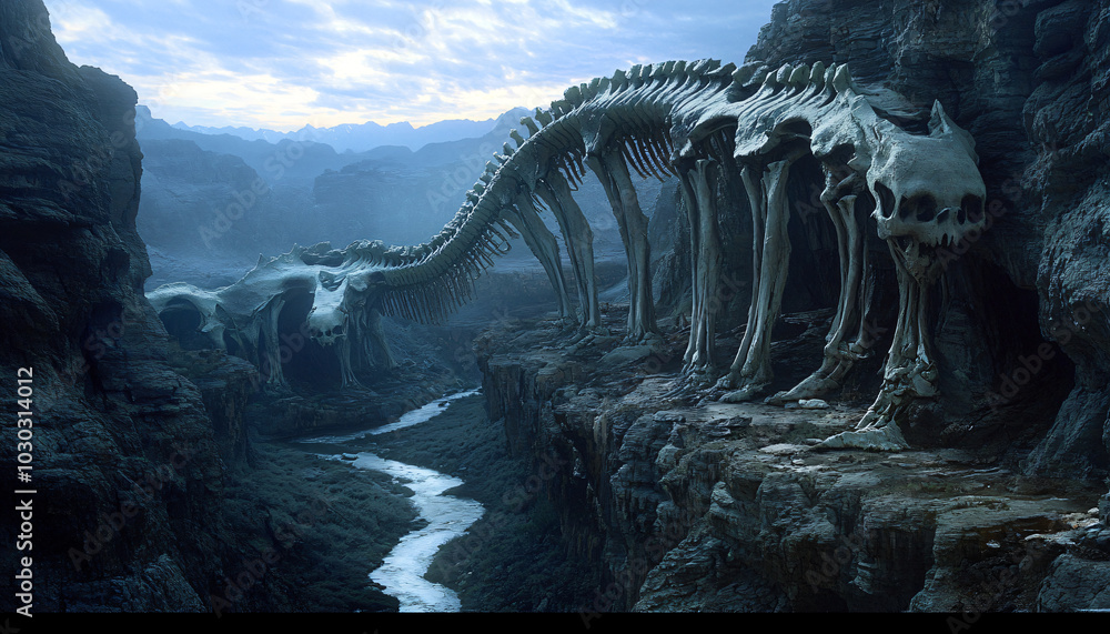 Fototapeta premium A vast canyon filled with enormous, ancient skeletons of creatures never seen before