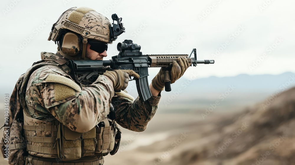 Fototapeta premium A soldier in full desert camouflage, rifle ready, scanning the horizon with a focused expression, military readiness, preparedness in extreme environments