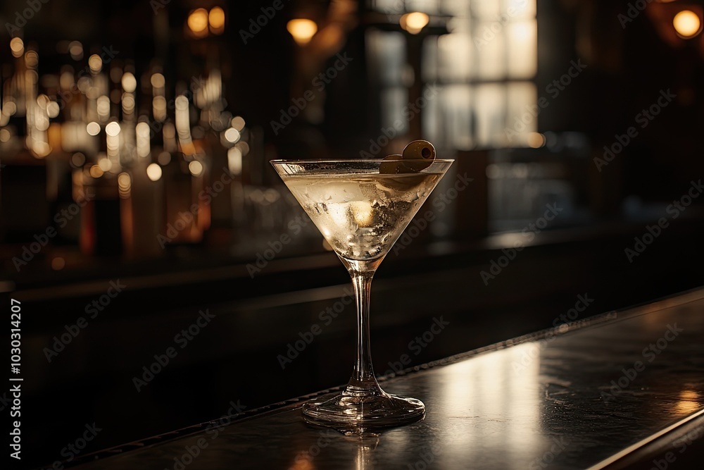 A classic martini with an olive garnish, set on a sleek bar top under moody lighting A classic martini with an olive garnish, set on a sleek bar top under moody lighting