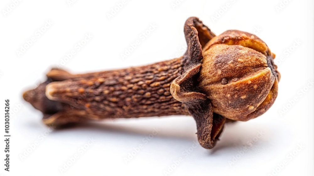A single dried clove bud isolated against a clean white background, its intricate texture and subtle color variations revealing the delicate beauty of this common spice. A single dried clove bud isolated against a clean white background, its intricate texture and subtle color variations revealing the delicate beauty of this common spice.